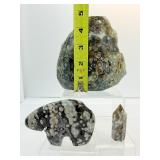 Ocean Jasper Misc. Lot of 3: large one side polished slab 812 gm./1 lb 12.6 oz., Zuni Bear 187 gm./6.6 oz., and tower 22 gm./.8 oz.