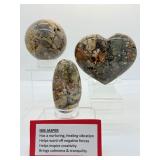 Ibis Jasper Polished Lot of 3: sphere 70mm 442 gm/1 lb. heart 394 gm./14 oz., large palmstone 152 gm./5.4 oz.