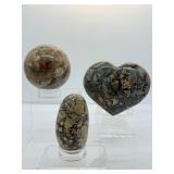 Ibis Jasper Polished Lot of 3: sphere 70mm 442 gm/1 lb. heart 394 gm./14 oz., large palmstone 152 gm./5.4 oz.