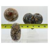 Ibis Jasper Polished Lot of 3: sphere 70mm 442 gm/1 lb. heart 394 gm./14 oz., large palmstone 152 gm./5.4 oz.