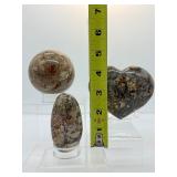 Ibis Jasper Polished Lot of 3: sphere 70mm 442 gm/1 lb. heart 394 gm./14 oz., large palmstone 152 gm./5.4 oz.