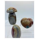 Polychrome Jasper Polished Lot of 3: mushroom 403 gm./14.2 oz., freeform 321 gm./9 oz., heart 251 gm./9 oz.