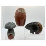 Polychrome Jasper Polished Lot of 3: Zuni Bear 181 gm./6.4 oz, Freeform 486 gm./1 lb.and Mushroom 157 gm./5.5 oz.