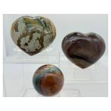 Polychrome Jasper Polished Lot of 3: heart 320gm/11.3oz., heart 274gm/9.7oz. and small sphere 46mm 135gm/4.6oz.