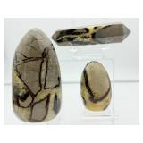 Septarian Polished Lot of 3: Large Freeform 841 gm./1 lb. 14 oz, small freeform 197 gm./7 oz., large double terminated generator wand 323 gm./11 oz.