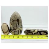 Septarian Polished Lot of 3: Large Freeform 841 gm./1 lb. 14 oz, small freeform 197 gm./7 oz., large double terminated generator wand 323 gm./11 oz.