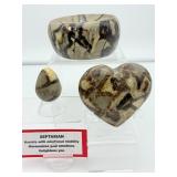 Septarian Polished Misc. Lot of 3: Bowl 610 gm./1 lb. 5.5 oz., Heart 165 gm./5.8 oz., egg 43 gm./13 oz. Total Lot Weight: 817 gm./1 lb. 13 oz.