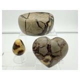 Septarian Polished Misc. Lot of 3: Bowl 610 gm./1 lb. 5.5 oz., Heart 165 gm./5.8 oz., egg 43 gm./13 oz. Total Lot Weight: 817 gm./1 lb. 13 oz.