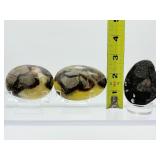 Septarian Mics. Lot of 3: palmstone 135 gm./4.8 oz., palmstone 117 gm./4.2 oz., 1 half egg geode 148 gm./ 5.2 oz. Total Lot Weight: 401 gm./14.1 oz.