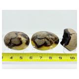 Septarian Mics. Lot of 3: palmstone 135 gm./4.8 oz., palmstone 117 gm./4.2 oz., 1 half egg geode 148 gm./ 5.2 oz. Total Lot Weight: 401 gm./14.1 oz.