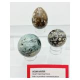 Ocean Jasper Sphere/Egg Lot of 3: Sphere 57mm 272gm/9.6oz., sphere 47mm 156gm/5.5oz., egg 200gm/7.2oz.
