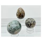 Ocean Jasper Sphere/Egg Lot of 3: Sphere 57mm 272gm/9.6oz., sphere 47mm 156gm/5.5oz., egg 200gm/7.2oz.