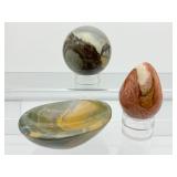 Polychrome Jasper Polished misc. lot of 3: sphere 62mm, 344 gm./12 oz., bowl 201 gm. 7.1 oz., egg 134 gm./4.9 oz.