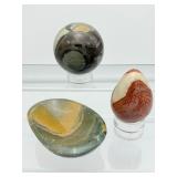 Polychrome Jasper Polished misc. lot of 3: sphere 62mm, 344 gm./12 oz., bowl 201 gm. 7.1 oz., egg 134 gm./4.9 oz.