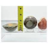 Polychrome Jasper Polished misc. lot of 3: sphere 62mm, 344 gm./12 oz., bowl 201 gm. 7.1 oz., egg 134 gm./4.9 oz.