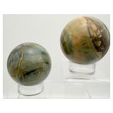 Polychrome Jasper Polished Sphere/Palmstone Lot of 5: sphere 58mm 309gm/11oz., sphere 53mm 245gm/8.5oz., 3 palmstones 91gm/3.2oz.