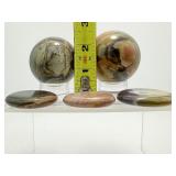 Polychrome Jasper Polished Sphere/Palmstone Lot of 5: sphere 58mm 309gm/11oz., sphere 53mm 245gm/8.5oz., 3 palmstones 91gm/3.2oz.