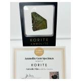 Ammolite Gem Specimen from the KORITE Ammolite Mine, Alberta, Canada in box with certificate of authenticity, 3 color specimen (purple, blue & green) 14 gm./.5 oz