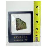 Ammolite Gem Specimen from the KORITE Ammolite Mine, Alberta, Canada in box with certificate of authenticity, 3 color specimen (purple, blue & green) 14 gm./.5 oz