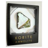 Ammolite Gem Specimen from the KORITE Ammolite Mine, Alberta, Canada in box with certificate of authenticity, 3 color specimen (purple, blue & green) 14 gm./.5 oz
