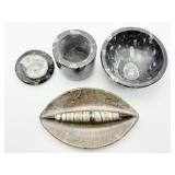 Orthocerus Fossil Polished Lot of 3: Bowl 332 gm./12 oz., Container with lid 247 gm./8.7 oz., brown oval tray 170 gms/6 oz.