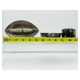 Orthocerus Fossil Polished Lot of 3: Bowl 332 gm./12 oz., Container with lid 247 gm./8.7 oz., brown oval tray 170 gms/6 oz.