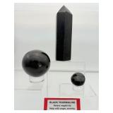 Black Tourmaline Polished Lot of 3: Generator 547 gm./1 lb. 10 oz., palmstone 52 gm./1.9 oz., sphere 60mm 375 gm./13.2 oz.