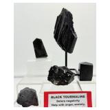 Black Tourmaline Misc. Lot of 5: large piece on stand, 2 rough pieces & 2 small polished tumbles 556 gm./1 lb. 3.6 oz.