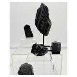 Black Tourmaline Misc. Lot of 5: large piece on stand, 2 rough pieces & 2 small polished tumbles 556 gm./1 lb. 3.6 oz.