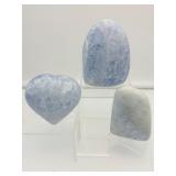 Blue Calcite Polished Lot of 3: Freeform 867 gm./1 lb. 15 oz., freeform 379 gm./13.4 oz., heart 480 gm./1 lb. 1 oz.