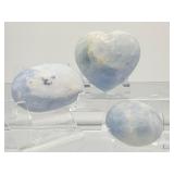 Blue Calcite Polished Lot of 3: heart 311 gm./11 oz. & 2 palmstones 173 gm./6.1 oz.    Total Lot Weight: 484 gm./1 lb. 1 oz.
