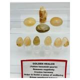 Golden Healer Polished and Rough Misc. Lot of 10: 3 palmstones, 6 small eggs, and 1 rough chunk Total Log Weight: 323 gm./11.4 oz.