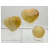 Golden Healer (yellow hematoid quartz) Lot of 3: large heart 350 gm. /medium heart 227 gms./8 oz., sphere 46mm, 161 gm./5.6 oz.