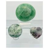 Fluorite Polished Misc. Lot of 3: XL Green Gallet 675gm/1lb.7oz., snowflake fluorite sphere 58mm 335gm/11.8oz., heart 88gm/3.1oz