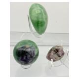 Fluorite Polished Misc. Lot of 3: XL Green Gallet 675gm/1lb.7oz., snowflake fluorite sphere 58mm 335gm/11.8oz., heart 88gm/3.1oz