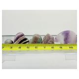 5 piece Polished Fluorite Misc. Lot: Rainbow Zuni bear 141 gm./5 oz., puffy rainbow heart 79 gm./2.8 oz., rainbow sphere 40 gm/1.5 oz., rainbow geometric shape 41 gm./ 1.5 oz. & rainbow heart cabochon