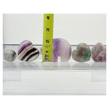 5 piece Polished Fluorite Misc. Lot: Rainbow Zuni bear 141 gm./5 oz., puffy rainbow heart 79 gm./2.8 oz., rainbow sphere 40 gm/1.5 oz., rainbow geometric shape 41 gm./ 1.5 oz. & rainbow heart cabochon