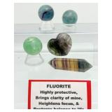 Fluorite Misc. Lot of 5: rainbow heart 62 gm./2.2 oz., rainbow double terminated wand 335 gm./1.2 oz., two rainbow spheres 30mm 51 gm./3.4 oz., one green sphere 30mm 44 gm. 1.6 oz.