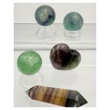 Fluorite Misc. Lot of 5: rainbow heart 62 gm./2.2 oz., rainbow double terminated wand 335 gm./1.2 oz., two rainbow spheres 30mm 51 gm./3.4 oz., one green sphere 30mm 44 gm. 1.6 oz.