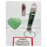 Fluorite Lot of 3 including a Rainbow Fluorite double terminated wand with stand 189 gm./6.7 oz., a small Rainbow Fluorite tower 45 gm./1.6 oz. and a green fluorite heart 114 gm./4 oz.