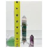 Fluorite Lot of 3 including a Rainbow Fluorite double terminated wand with stand 189 gm./6.7 oz., a small Rainbow Fluorite tower 45 gm./1.6 oz. and a green fluorite heart 114 gm./4 oz.