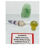 Fluorite Polished Lot of 3: Green Freeform 190gm./6.7oz., yellow mushroom 67gm/2.4oz., rainbow wand 53gm/1.9oz.