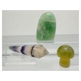 Fluorite Polished Lot of 3: Green Freeform 190gm./6.7oz., yellow mushroom 67gm/2.4oz., rainbow wand 53gm/1.9oz.