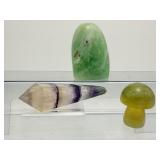 Fluorite Polished Lot of 3: Green Freeform 190gm./6.7oz., yellow mushroom 67gm/2.4oz., rainbow wand 53gm/1.9oz.