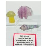 Fluorite Polished Misc. Lot of 3: rainbow Zuni bear 150gm/5.3oz., rainbow wand 62gm./2.2oz, yellow mushroom 59gm/2.1oz.