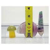 Fluorite Polished Misc. Lot of 3: rainbow Zuni bear 150gm/5.3oz., rainbow wand 62gm./2.2oz, yellow mushroom 59gm/2.1oz.