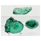 Malachite 3 piece polished lot: non-standing freeform 231 gm./8.1 oz., slab 88 gm./3.1 oz., worry stone 49 gm./1.7 oz. Total lot weight 367 gm./13 oz.