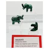 Malachite Animal Figures Lot of 3: two elephants and one horse/mule head 77 gm./2.7 oz.