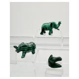 Malachite Animal Figures Lot of 3: two elephants and one horse/mule head 77 gm./2.7 oz.