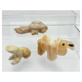 Stone Misfit Animals: frog 91gm/3.2oz., turtle 170gm/6.8oz., camel 176gm/6.2oz. Total Lot Weight 437gm/15.4oz.